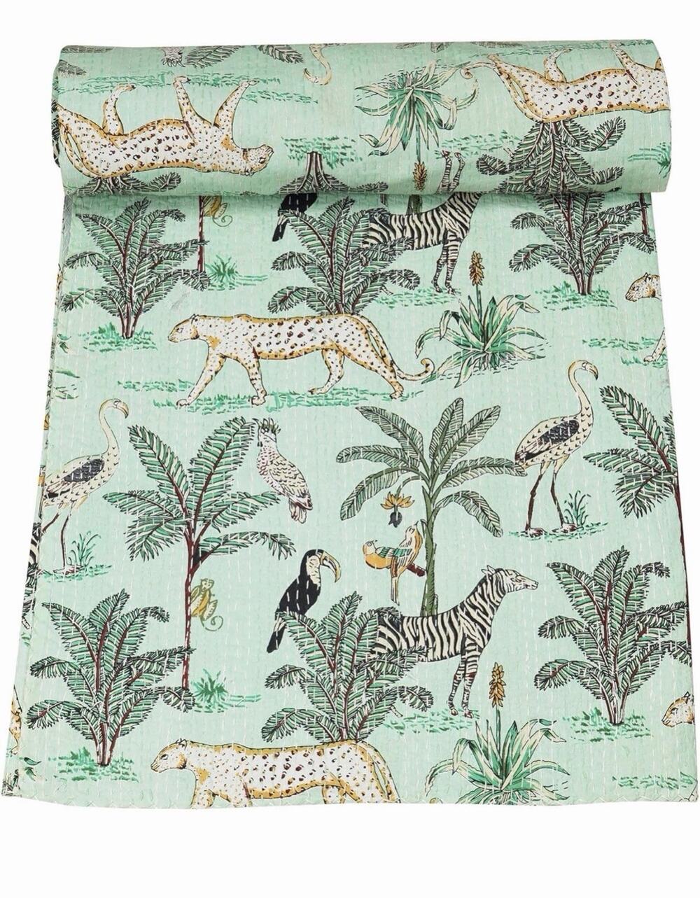 Marubhumi Indian Traditional Cotton Jungle Print Kantha Quilt Mint Queen